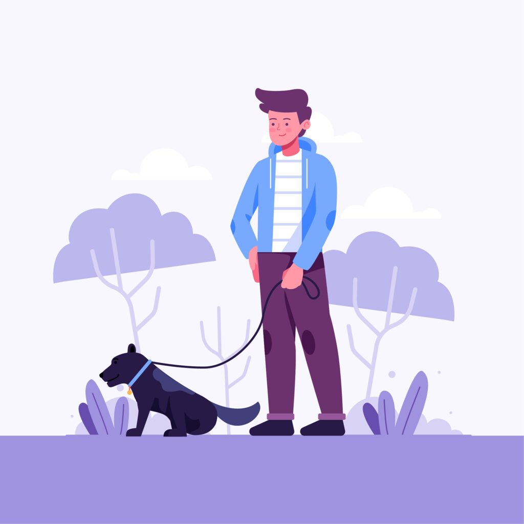 Illustration of a man with a dog on a leash in a park