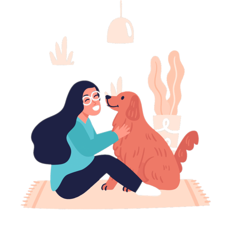 An illustration of a person sitting on the floor petting a dog